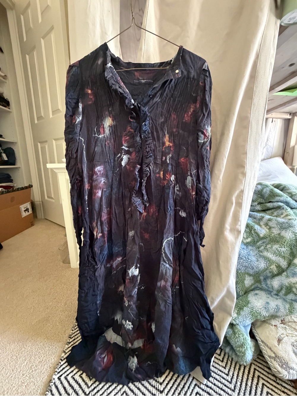 Ruffled V-Neck Long Floral Tunic Dress - Navy Multi